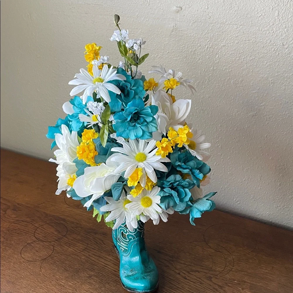Sweet Silk Arrangement in a Turquoise Boot-Home or Office Decor